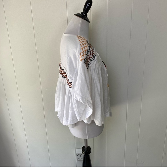 Free People Womens Market Embroidery Trim Tassel Tie V-Neck Tee White Size XS - Picture 6 of 14